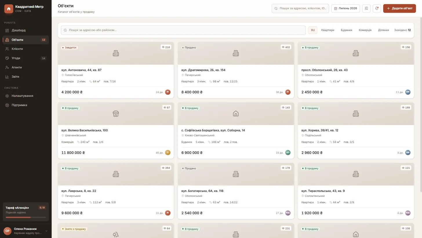 Property catalogue in the CRM - cards for flats, houses and commercial units with filters